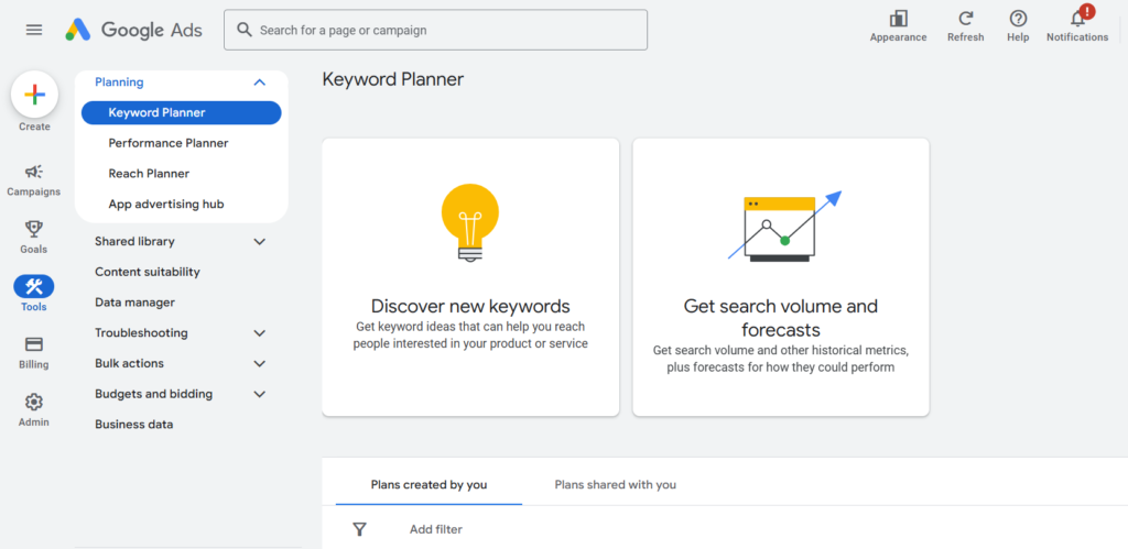 Two options for keyword research in a keyword planner