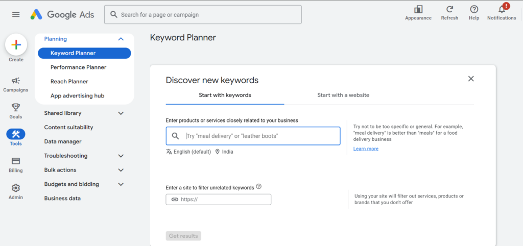Two options to find new keywords in google ads keyword planner