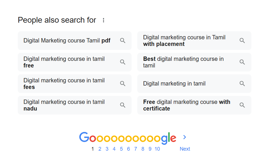 People also search box related to digital marketing course in tamil