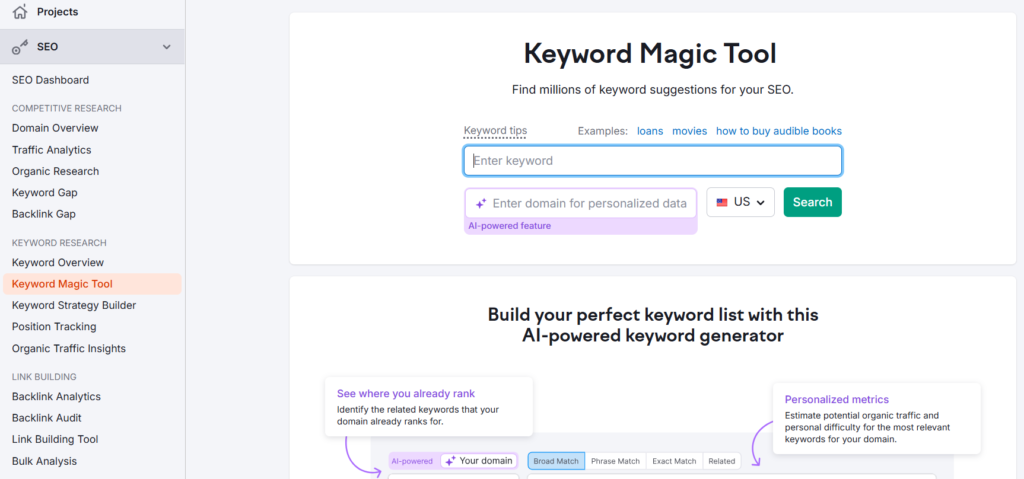 Semrush for keyword research for SEO