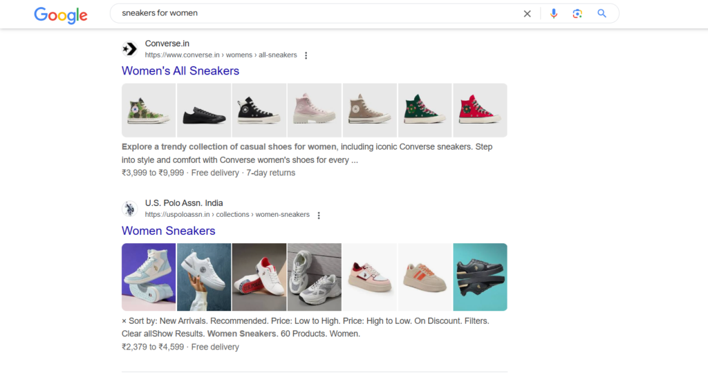 Google SERP result page for sneakers for women