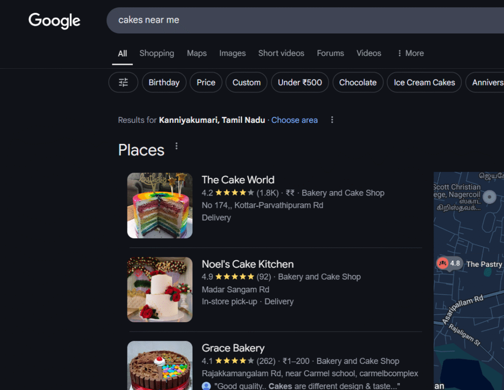 Local SEO search for cakes