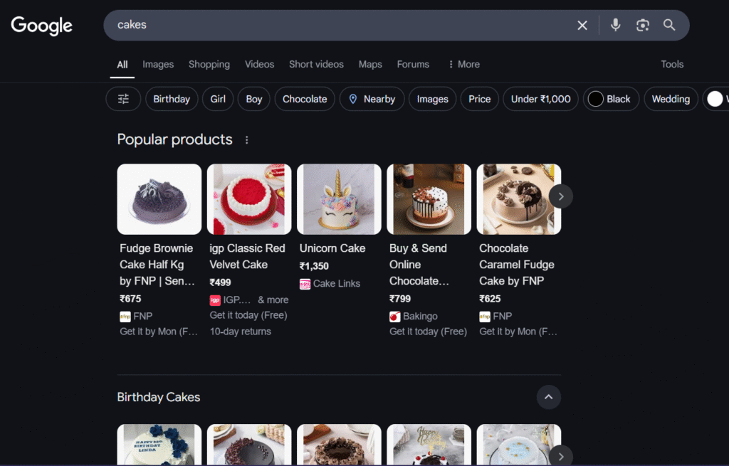 Organic search for cake