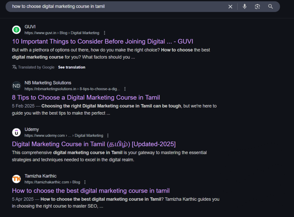 Google search list on "how to choose a digital marketing course in tamil"