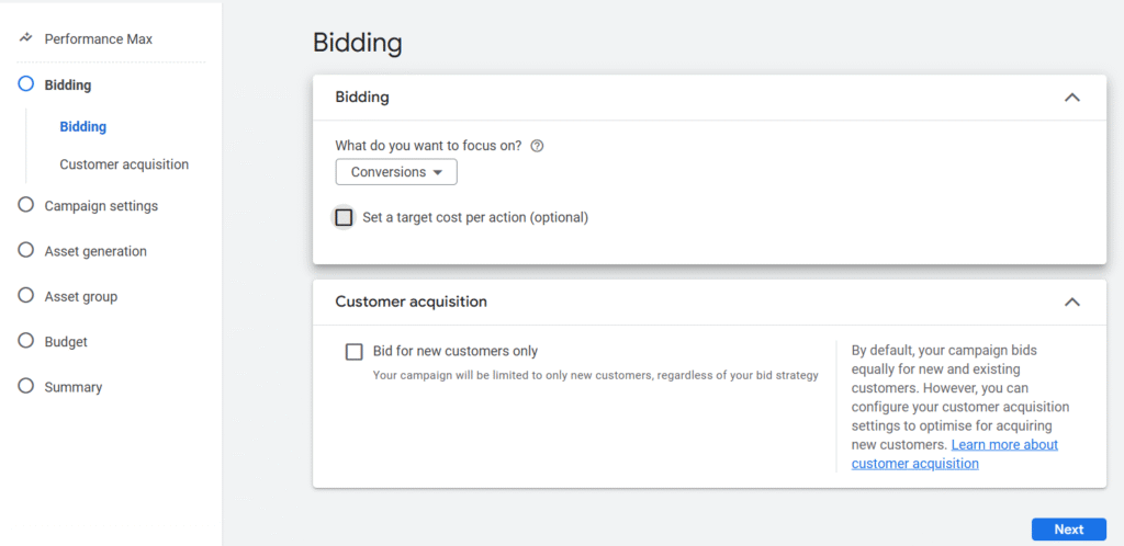 google ads performance max budget and bidding