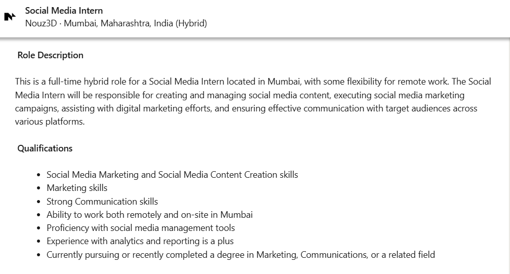 One of the entry-level social media marketing jobs for freshers is social media marketing intern
