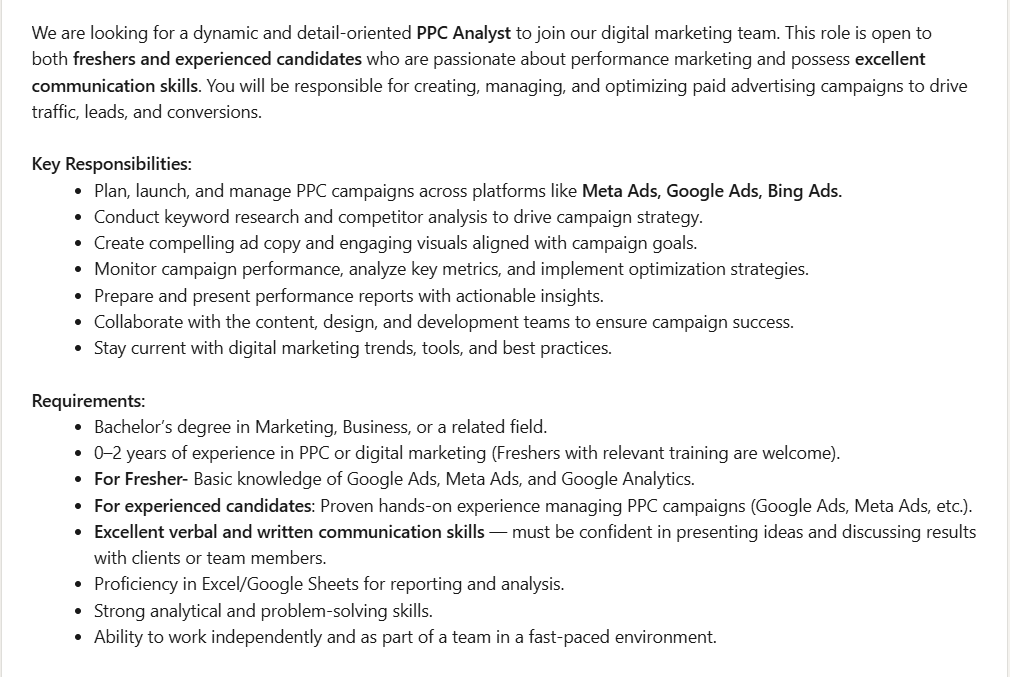Digital marketing jobs for freshers - PPC Analyst