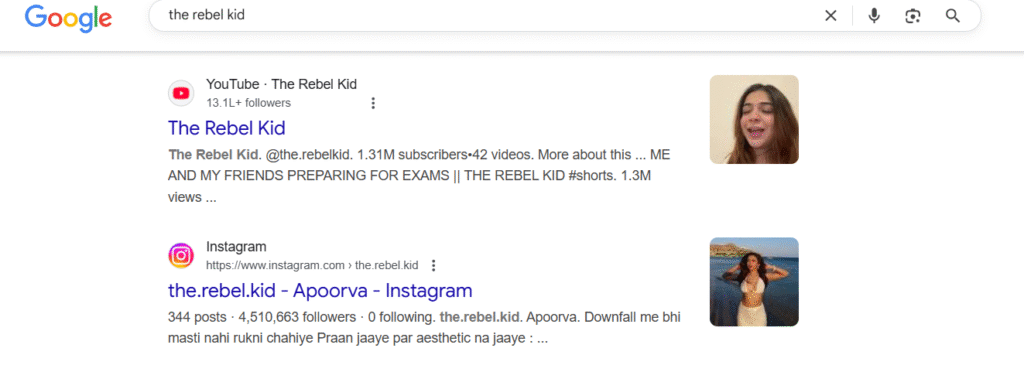 Google displays the Rebel Kid social media platforms