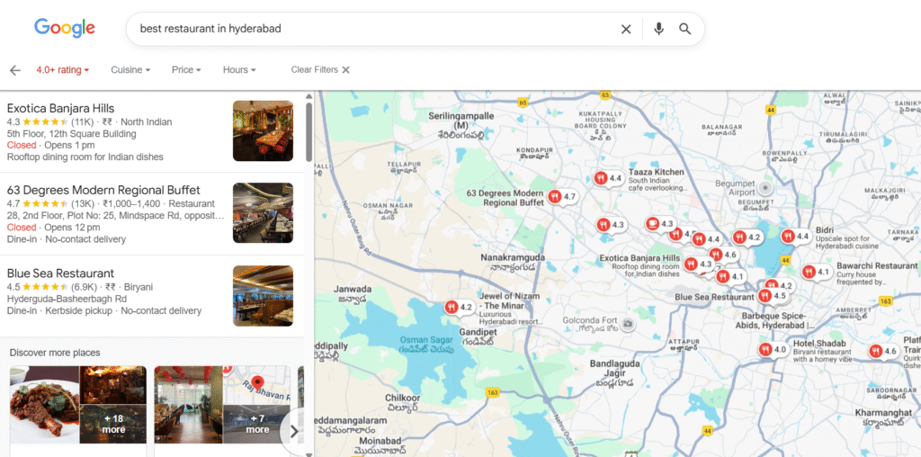 Google Map shows Google business profile for restaurants in Hyderabad