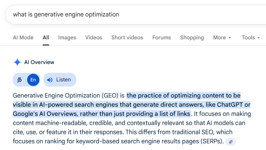 example of featured snippet in Google