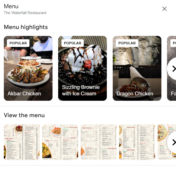 menu highlights in Google customer reviews